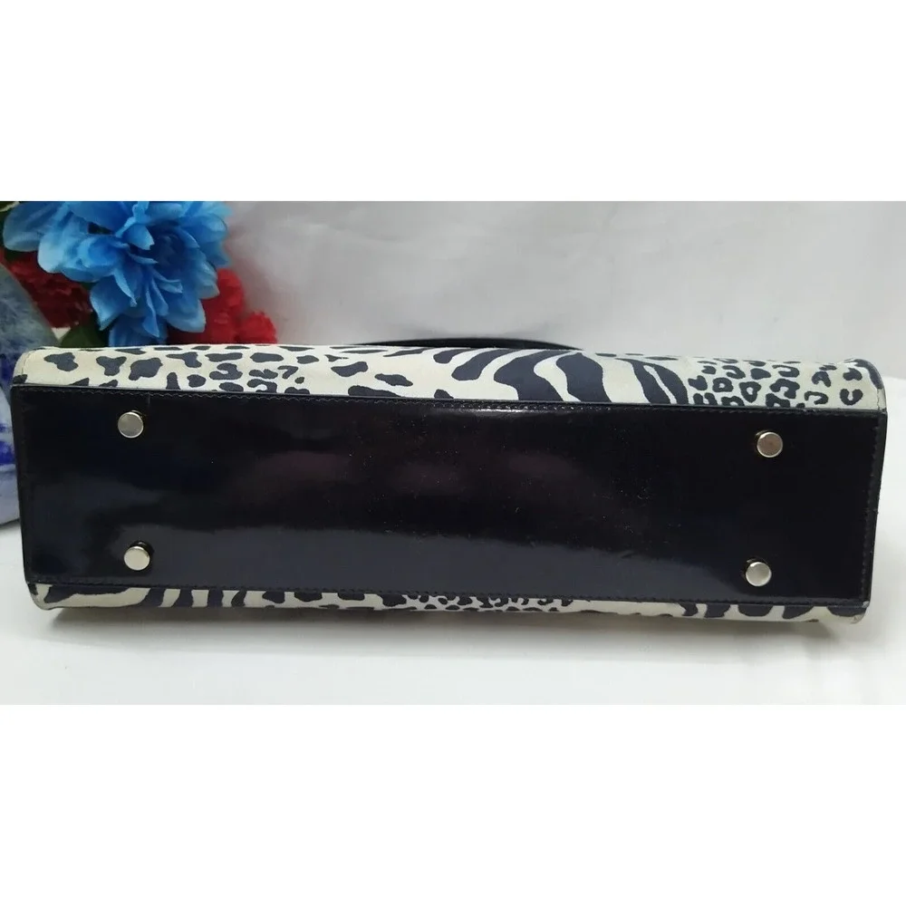 House of Harlow Black White Zebra Printed Leather Top Handle Zipper Satchel Bag